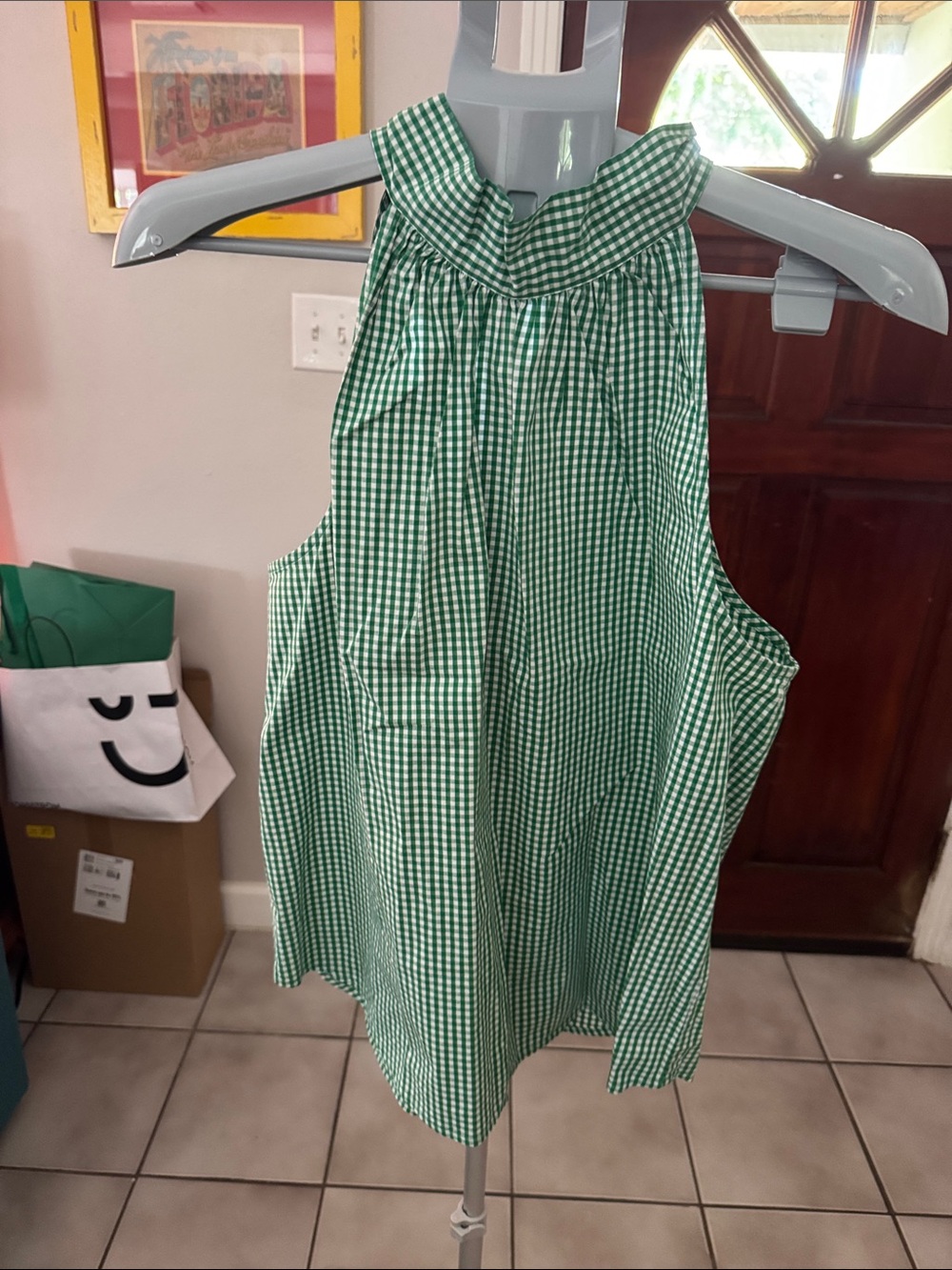 J. Crew Green Gingham Tie Neck Tank